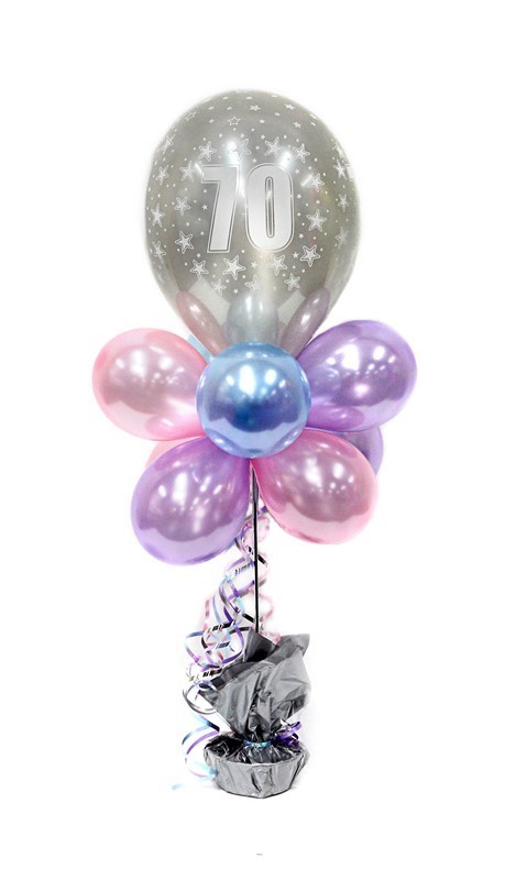 Balloon Arrangement 70Th Birthday Girl Tall Topiary With Printed Balloon 145