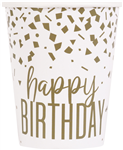 Cup White And Gold Happy Bday 9oz 8 pk