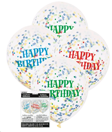 Balloons Clear Happy Birthday Print with Confetti 6/ Pack
