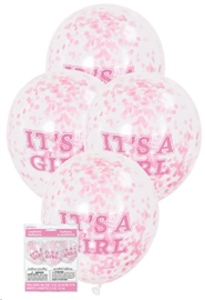 Balloons Clear Its a Girl Print with Pink Confetti 6/ Pack