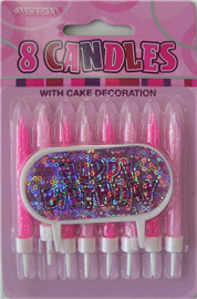 Candles Glitz Pink With Decoration 8/ Pack