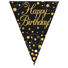 Flag Foil Bunting Happy Birthday Blk & Gold 3.9M